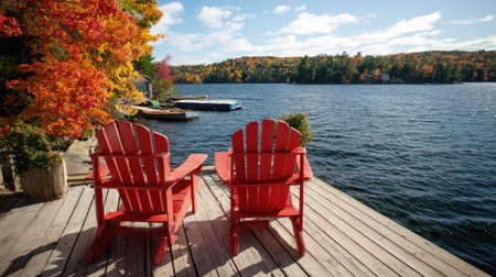 Two red chairs sit on a wooden dock by a lake surrounded by autumn foliage.の素材