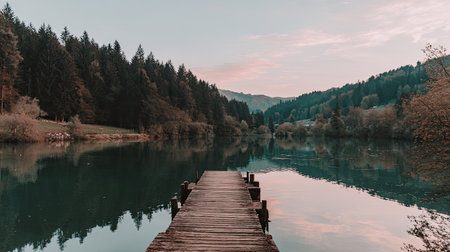 A wooden pier leads to a tranquil lake with reflections of surrounding trees and hills.の素材