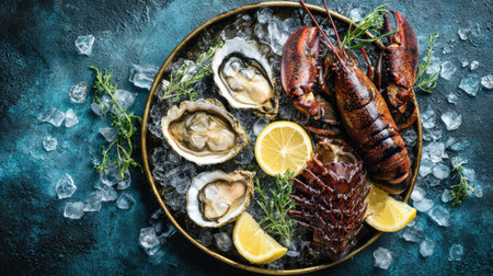 A plate of fresh seafood including lobster and oysters on ice.の素材