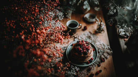 A stack of pancakes topped with berries sits beside a cup of tea.の素材