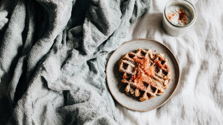 A top-down view shows a single waffle and a glass of yogurt.の素材