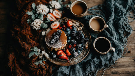 A warm breakfast spread featuring pancakes, fresh berries, and cups of coffee.の素材