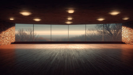 An empty modern interior with expansive windows showcasing a natural landscape.の素材
