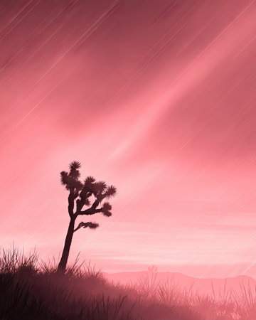 A solitary desert tree stands on a grassy hill under a dramatic pink sky.の素材