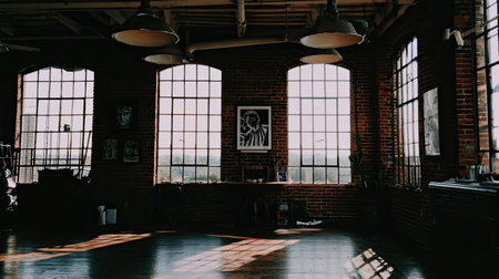 Industrial loft interior flooded with natural light through large windows.の素材