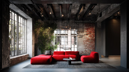 A modern industrial interior with a vibrant red sofa and large windows.の素材