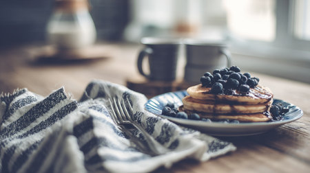 A stack of pancakes with blueberries sits on a table next to a fork.の素材