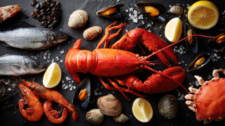 Overhead view of a variety of fresh seafood items arranged artistically.の素材