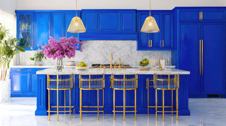A vibrant blue kitchen showcases a modern island with plush seating and elegant finishes.の素材