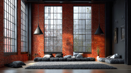 A stylish industrial loft living space with brick walls and large windows.の素材