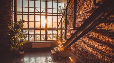 Interior of a modern industrial loft space bathed in sunset light.の素材