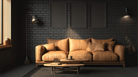 A modern living room features a comfortable leather sofa, coffee tables, and a floor lamp.の素材