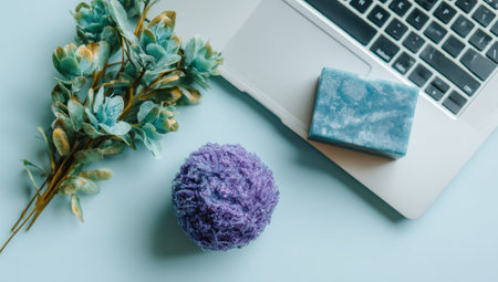 A flat lay composition of a laptop, artificial flowers, and bar soap.の素材