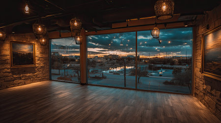 An empty room with large windows showcasing a city view at sunset.の素材