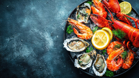 A platter of fresh seafood including lobster, shrimp, and oysters.の素材