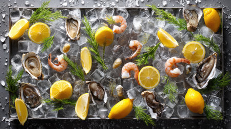 An assortment of fresh seafood, lemons, and herbs presented on ice.の素材