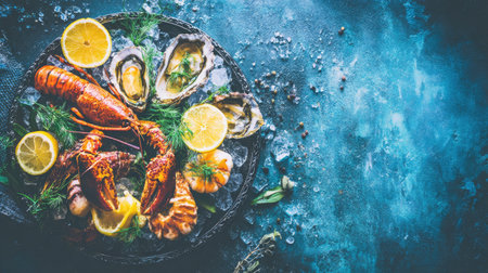 A luxurious platter of fresh seafood including lobster and oysters is presented.の素材