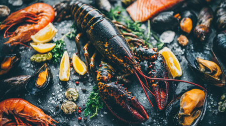 A close-up of assorted fresh seafood and lemon wedges arranged on a dark surface.の素材