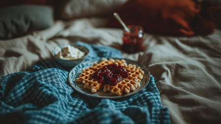 A warm waffle with jam and cream is served on a rumpled bed.の素材