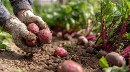 Shot depicts a pair of hands wearing thick, soiled gardening gloves carefully holding several newly pulled, reddish-purple root vegetables, likely beets, just unearthed from the rich brown soil in a garden row, with more maturing plants and roots visible in the soft-focus background.の素材