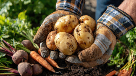 Shot captures a pair of hands, protected by dirty, plaid-cuffed gloves, cupped together to hold several freshly dug, slightly soiled potatoes. Below the hands, a collection of other freshly pulled root vegetables, including dark red beets with some remaining green stems and bright orange carrots, rests on dark soil, set against a blurred background of green garden foliage under natural light.の素材