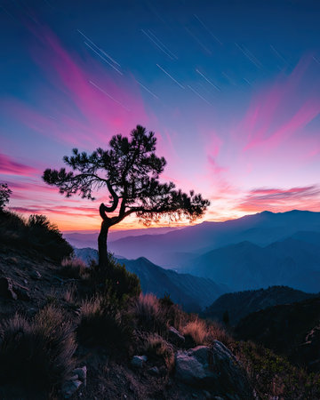 A solitary tree stands on a mountainside beneath a colorful twilight sky with star trails.の素材