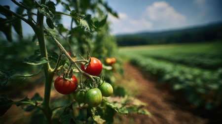 View of a cluster of developing tomatoes, showing both fully red, ripe fruit and smaller, green, unripe ones, attached to a sturdy vine. The background is a soft-focus agricultural scene featuring rows of green crops stretching into the distance under a bright, partially cloudy sky, emphasizing the subject's environment.の素材