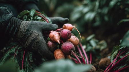 , moodily lit image captures a gloved hand gently holding a small bunch of freshly dug root vegetables, exhibiting varying shades of pink and orange, with their deep green and reddish stems trailing downwards into the dark, leafy ground of a garden setting.の素材