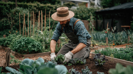 Middle-aged man with a full beard, wearing a straw hat, plaid shirt, and overalls, kneels down while wearing white gloves to work in a densely planted raised vegetable garden, focusing on harvesting or tending to small heads of lettuce or cabbage in the dark, rich soil.の素材