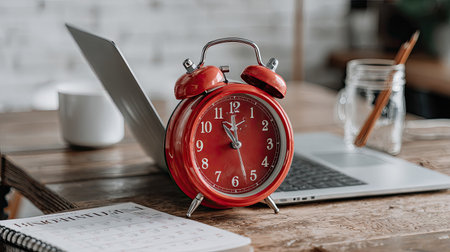 Red alarm clock and office supplies arranged on a wooden desk.の素材