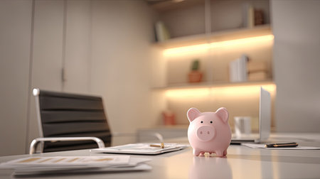 A pink piggy bank sits on a desk in a modern office setting.の素材