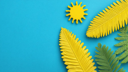 A cheerful composition of a stylized sun and fern leaves on a bright blue surface.の素材