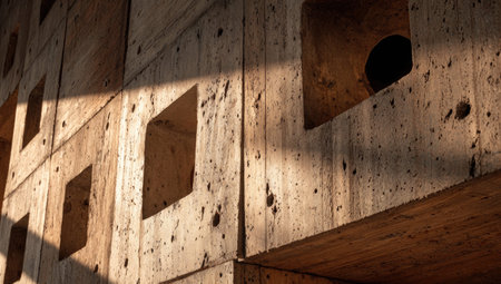Close-up view of a beige concrete wall composed of large blocks, each featuring recessed square openings.  The lighting creates interesting shadows and highlights the textured surface of the concrete. The pattern of the openings and blocks is prominent.の素材