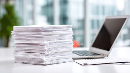 A large stack of white paper sits next to a laptop on a modern office desk.の素材