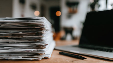 A pile of papers sits next to a laptop on a desk.の素材