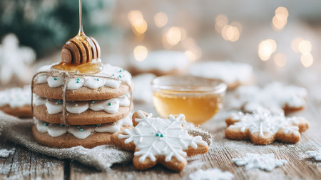 Frosted cookies are stacked and drizzled with honey.の素材