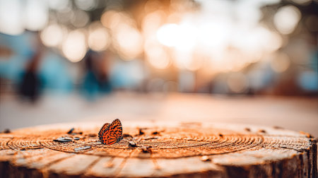 A single butterfly with orange patterned wings rests on a cut tree stump.の素材