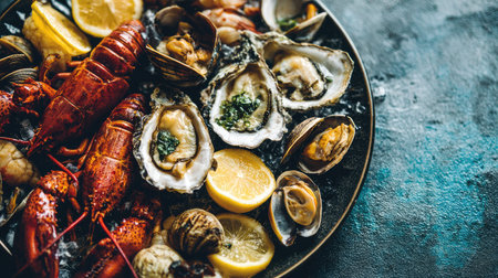 A rich and abundant platter of fresh seafood with lobsters, oysters, and clams.の素材
