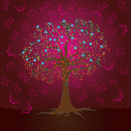 Butterflies flying around of a blossoming treeのイラスト素材