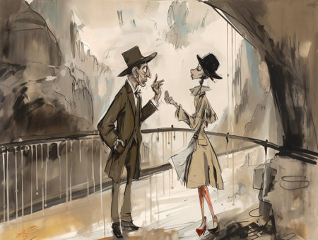Digital painting of a man and a woman in hats and coats.の素材