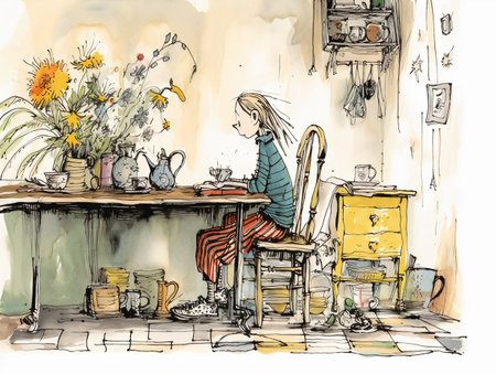 Illustration of a young woman drinking tea in the kitchen at homeの素材