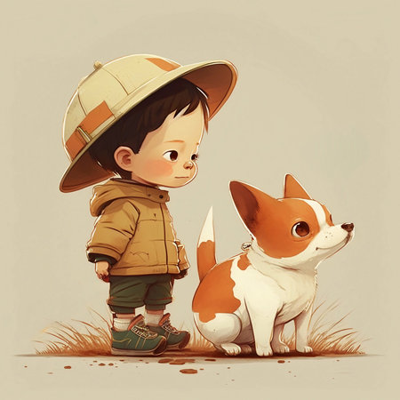 Little boy and dog in a safari hat. illustration.の素材