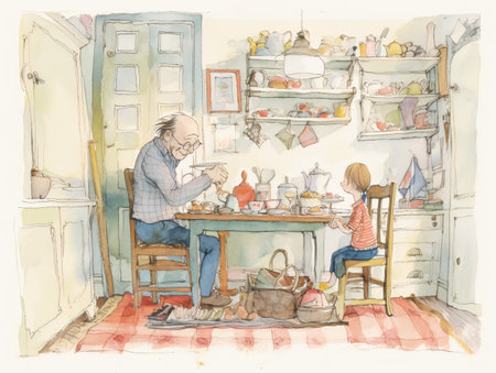 illustration of a man and his little daughter in the kitchenの素材