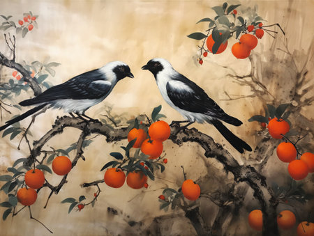 Two birds sitting on a branch of a tree with orange berries.の素材