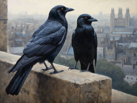two black ravens on a stone wall with a view of the cityの素材