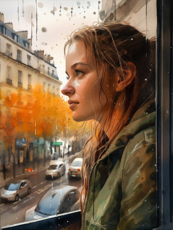 Portrait of a young girl in the rain on the streetの素材