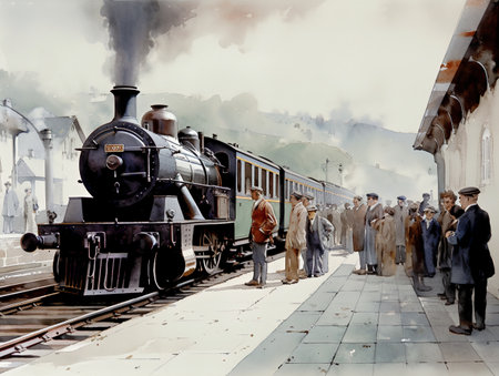 Old steam locomotive and passengers on the platform of the railway stationの素材