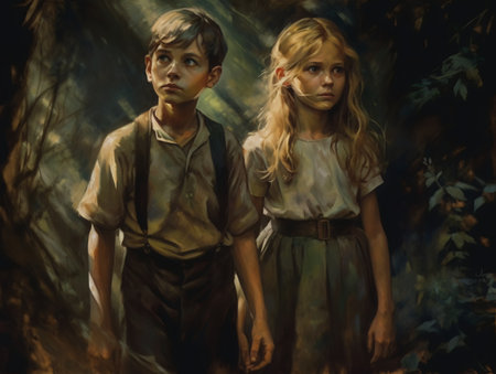 Portrait of a boy and a girl in the forest.の素材