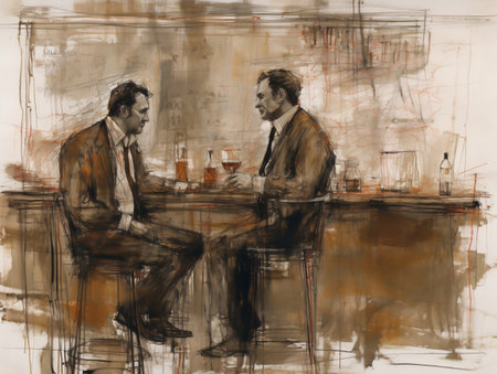 Two businessmen sitting at a table in a coffee shop. digital painting.の素材
