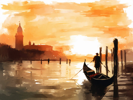 Gondola on the Grand Canal in Venice, Italy. Digital paintingの素材